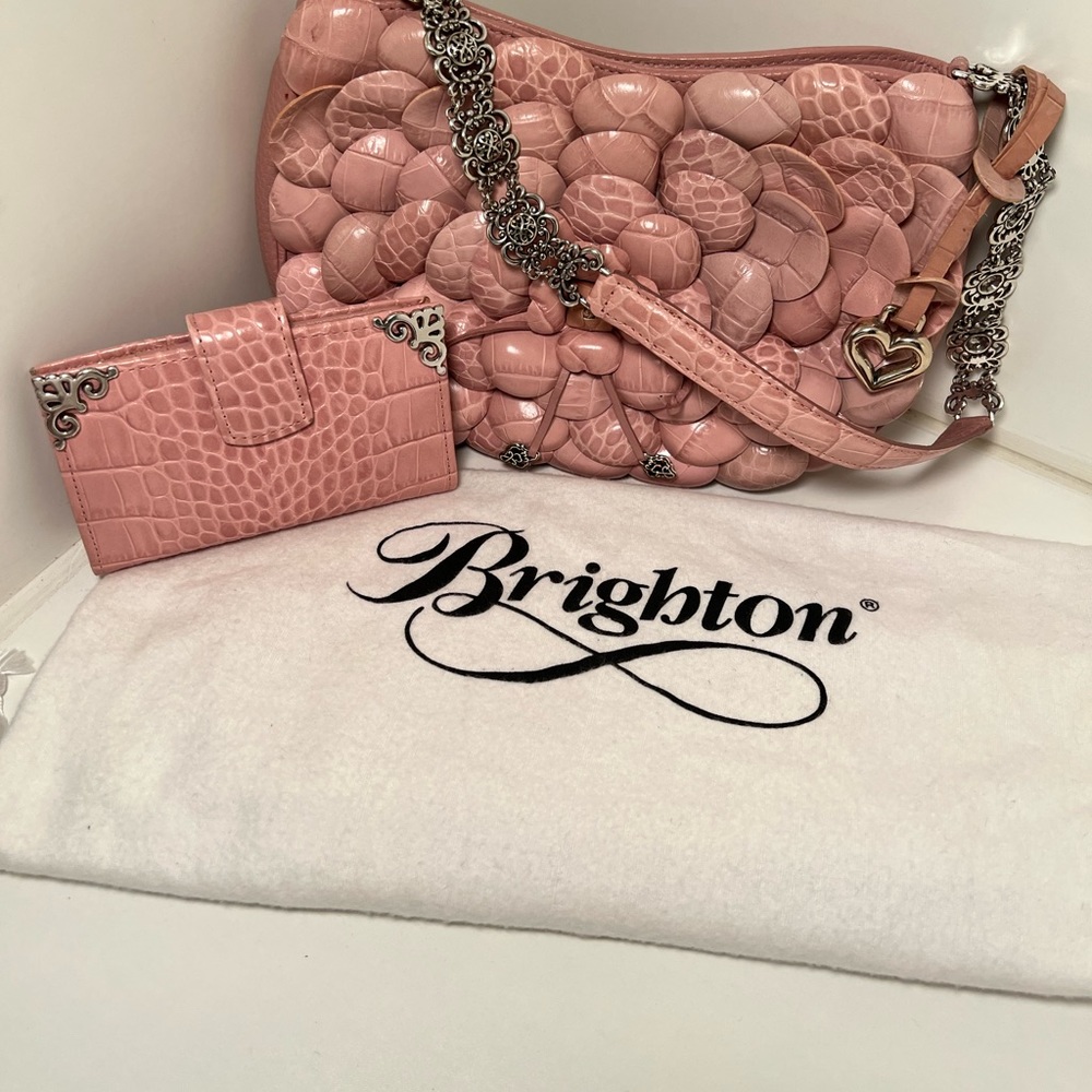 Brighton Rosalie Flower/Petal leather shoulder bag and wallet in blush/pink.